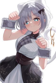 1girl absurdres animal_ear_headwear animal_hat black_bow blue_eyes bow cat_hat cat_tail cross_hair_ornament fake_animal_ears grey_hair grey_wrist_cuffs hair_ornament hat heart heart-shaped_pupils highres kaga_sumire kaga_sumire_(4th_costume) lace-trimmed_wrist_cuffs lace_trim looking_at_viewer paw_pose shirt short_hair sleeveless sleeveless_shirt solo symbol-shaped_pupils tail virtual_youtuber vspo! white_background white_hat wrist_cuffs yoppy_paint
