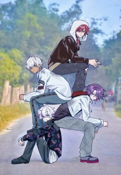 4boys absurdres alternate_costume black_jacket blurry blurry_background commentary dark-skinned_male dark_skin earrings full_body fuwa_minato grey_pants hair_between_eyes highres hood hood_up ibrahim_(nijisanji) jacket jewelry lauren_iroas long_hair long_sleeves looking_at_viewer multicolored_hair multiple_boys nijisanji on_ground pants ponytail purple_eyes purple_hair red_hair ring screenshot_background shirt short_hair side_ponytail sitting squatting streaked_hair torn_clothes torn_pants toya07144 virtual_youtuber watarai_hibari white_hair white_jacket white_shirt