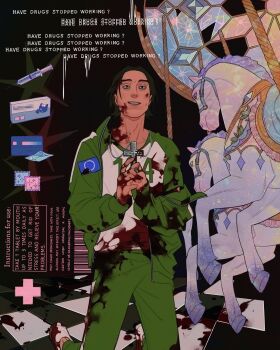 absurdres bags_under_eyes barcode black_hair blank_stare blood blood_on_clothes blood_on_face blood_on_hands carousel checkered_floor commentary credit_card cross cross_pendant drugs english_text full_body green_track_suit grin highres holding holding_cross horse ingredients kneeling lsd nam-gyu own_hands_clasped own_hands_together sadbuttruedog02 short_hair smile squid_game symbol-only_commentary syringe track_suit