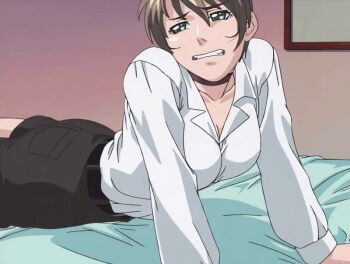 00s 1girl 2002 animated animated_gif annoyed bed bed_sheet bedroom belt bible_black bible_black_gaiden breasts brown_hair collar green_eyes hand_on_own_face hand_on_own_hip miniskirt open_clothes open_shirt pantyhose shido_saki shirt short_hair skirt surprised tagme white_shirt