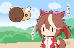 Rule 34 | 1girl, :3, animal ears, blue sky, brown hair, chibi, closed mouth, cloud, commentary request, cup, day, disposable cup, gomashio (goma feet), gym shirt, hair between eyes, hair ribbon, horse ears, horse girl, horse tail, insect wings, jacket, long hair, multicolored hair, outdoors, pink ribbon, ponytail, red jacket, ribbon, shirt, sky, solo, streaked hair, tail, tokai teio (umamusume), track jacket, translation request, umamusume, upper body, white hair, white shirt, wings, | |