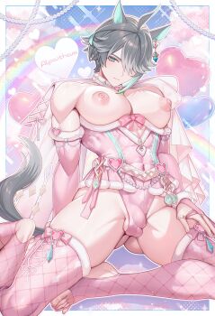 Rule 34 | 1boy, alhaitham (genshin impact), alpaitham, animal ears, aqua eyes, aqua hair, breasts, bulge, closed mouth, commentary, fishnet thighhighs, fishnets, genshin impact, grey hair, grey tail, highres, horse boy, horse ears, horse tail, large breasts, leotard, male focus, multicolored hair, nipples, penis, pink leotard, pink sleeves, pink thighhighs, short hair, solo, streaked hair, untranslatable commentary, tail, testicles, thighhighs