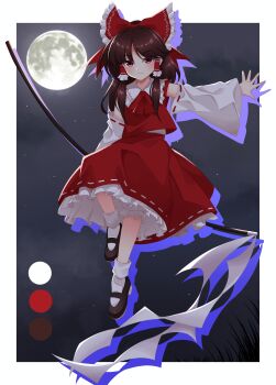 1girl absurdres arm_up arms_at_sides ascot black_shoes bloomers border bow brown_hair cipher_(user_watm8555) closed_mouth color_guide commentary_request detached_sleeves drop_shadow floating frilled_bow frilled_hair_tubes frilled_shirt_collar frilled_skirt frills full_body full_moon gohei hair_bow hair_tubes hakurei_reimu highres holding holding_gohei leg_up legs_apart long_skirt long_sleeves looking_at_viewer mary_janes medium_hair moon night nontraditional_miko open_hand outstretched_arm red_ascot red_bow red_eyes red_shirt red_skirt ribbon-trimmed_sleeves ribbon_trim shirt shoes skirt skirt_set sleeveless sleeveless_shirt smirk socks solo touhou underwear white_bloomers white_border white_socks wide_sleeves
