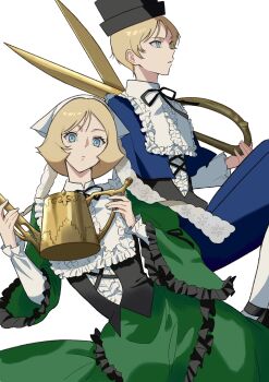 1boy 1girl absurdres artesia_som_deikun basic_learning blonde_hair blue_eyes casval_rem_deikun char_aznable commentary_request cosplay dress gundam hat highres looking_at_viewer mobile_suit_gundam rozen_maiden sayla_mass scissors short_hair simple_background souseiseki souseiseki_(cosplay) suiseiseki suiseiseki_(cosplay)