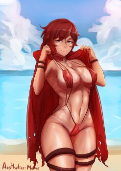 1girl absurdres aestheticc-meme beach belly bikini breasts cape choker cleavage cloud covered_erect_nipples cross female_focus grey_eyes highres hip_focus large_breasts legs looking_at_viewer muscular muscular_female narrow_waist navel nipples one-piece_swimsuit outdoors red_cape red_hair ruby_rose rwby shiny_skin sky smile solo standing stomach strap swimsuit text_focus thighs wide_hips