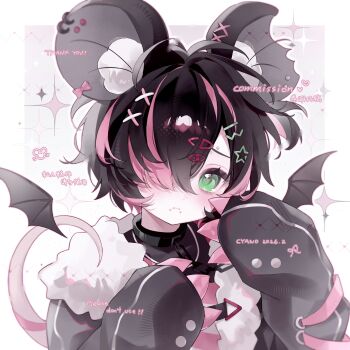 Rule 34 | 1girl, absurdres, animal ear fluff, animal ears, artist name, black hair, black shirt, blush, border, claws, closed mouth, commission, cyano, dated, food, food on face, green eyes, grey background, hair ornament, hairclip, hands up, heart, highres, long sleeves, looking at viewer, mouse ears, mouse girl, mouse tail, multicolored hair, original, outside border, pink hair, portrait, shirt, sleeves past fingers, sleeves past wrists, solo, sparkle, star (symbol), star hair ornament, streaked hair, tail, thank you, two-tone hair, watermark, white border, x hair ornament