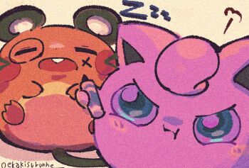 artist_name blue_eyes blush closed_eyes commentary_request dedenne drawing_on_another's_face gen_1_pokemon gen_6_pokemon holding jigglypuff marker nintendo no_humans oedede open_mouth pokemon pokemon_(creature) sleeping zzz