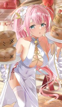 Rule 34 | 1girl, absurdres, azur lane, bamboo steamer, bare shoulders, bent over, bread, breasts, china dress, chinese clothes, cleavage, commentary request, detached sleeves, dress, feathered wings, food, green eyes, hair ornament, highres, holding, lantern, large breasts, long hair, looking at viewer, low wings, official alternate costume, paper lantern, pink hair, plate, ponytail, roughllaugh, smile, theseus (azur lane), theseus (new year's white plumage) (azur lane), thighhighs, thighs, very long hair, wings