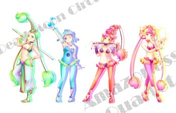 1990s_(style) 4girls armpits ball bikini bikini_top_only bindi bishoujo_senshi_sailor_moon bishoujo_senshi_sailor_moon_supers blue_eyes blue_hair blue_legwear bow bracelet breasts cerecere_(sailor_moon) choker cue_stick earrings flower full_body green_eyes green_hair grin hair_bow hair_bun hair_ornament hair_rings hairpin high_ponytail jewelry junjun_(sailor_moon) leggings leotard long_hair medium_breasts midriff multi-tied_hair multiple_girls multiple_hair_bows navel necklace pallapalla_(sailor_moon) pants petals pink_eyes pink_flower pink_hair pink_legwear pink_rose ponytail red_eyes red_hair red_legwear retro_artstyle rose sandals see-through_clothes shoes short_hair single_hair_bun skirt smile swimsuit torao_(torakmn) twintails vesves_(sailor_moon) whip white_background wrist_cuffs yellow_bow