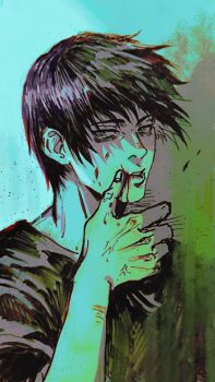 1boy black_hair black_shirt blood blood_on_face chinese_commentary closed_mouth commentary_request floating_hair fushiguro_touji highres jujutsu_kaisen looking_at_viewer male_focus momoyoru1 shirt short_hair solo teeth wiping_blood