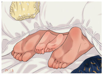 1boy 1girl age_difference barefoot bed bed_sheet black_hair blush censored embarrassed feet flat_chest loli original panties print_panties sexually_suggestive shiratama_(pixiv_89836035) tagme underwear unworn_panties