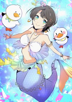 ahoge armband bandana bare_shoulders bikini bikini_top_only bird blue_tail blush bracelet breasts brown_hair bubble cleavage collarbone commentary_request crescent crescent_earrings duck earrings fins gem geometric_pattern hair_ornament hexagon highres hololive huge_ahoge jewelry large_breasts mermaid mitosupa_(qsiqydfz7nesh9w) monster_girl monsterification navel necklace oozora_subaru oozora_subaru_(holonatsu_paradise) outstretched_arms pearl_(gemstone) pearl_necklace sarong shell shell_hair_ornament shell_necklace short_hair starfish_hair_ornament subatomo_(big) subatomo_(oozora_subaru) subatomo_(small) swept_bangs swimming swimsuit tail tail_ornament tail_ring underwater virtual_youtuber wristband