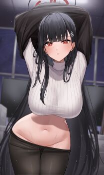 1girl absurdres alternate_costume arms_behind_head arms_up black_hair black_halo black_pantyhose blue_archive blunt_bangs breasts bright_pupils ceiling clothes_pull commentary commentary_request commission cowboy_shot desk english_commentary gluteal_fold grey_sweater groin hair_behind_ear hair_ornament hairclip halo highres honome_sui indoors large_breasts light_blush long_hair long_sleeves looking_at_viewer mixed-language_commentary monitor multiple_monitors navel pantyhose pantyhose_pull parted_lips pixiv_commission red_eyes revision ribbed_sweater rio_(blue_archive) sidelocks solo standing stomach sweat sweater teeth thigh_gap tile_ceiling tiles turtleneck undressing very_long_hair white_pupils window