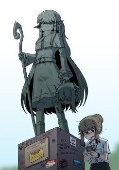 1girl belt brown_hair capelet cellphone cigarette commentary contemporary demon_girl demon_horns disembodied_head dress elf english_commentary english_text frown graffiti hair_bun hair_over_eyes hair_tubes highres holding_detached_head horns id_card karepack long_hair mage_staff no_smoking office_lady original outdoors pedestal phone plaque pointy_ears shirt sidelocks single_hair_bun sky smartphone smoking solo staff statue sticker very_long_hair watch white_shirt white_sky wristwatch