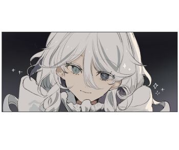 1girl black_background blue_eyes border closed_mouth eyelashes furina_(genshin_impact) genshin_impact gradient_background hair_between_eyes highres letterboxed long_hair looking_at_viewer note_nii portrait smile solo white_hair
