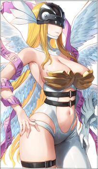 1girl angel_wings angewomon asymmetrical_legwear blonde_hair breasts cleavage clothing_cutout digimon digimon_(creature) hand_on_own_hip helmet highres kei_(soundcross) large_breasts long_hair navel navel_cutout simple_background solo stomach thigh_strap very_long_hair white_background wings