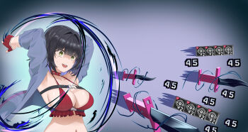 1girl absurdres bandeau belt black_hair blue_jacket blunt_bangs breasts chaos_zero_nightmare chest_harness choker cleavage collarbone colored_inner_hair commentary english_commentary gameplay_mechanics gloves green_eyes hair_between_eyes harness highres jacket knife large_breasts long_sleeves medium_hair meme midriff mikkotine multicolored_hair navel open_clothes open_jacket open_mouth purple_hair random_bullshit_go_(meme) red_bandeau red_choker red_gloves sideboob sidelocks solo spaghetti_strap spiked_choker spikes standing sweat teeth textless_version throwing_knife tressa_(chaos_zero_nightmare) two-tone_hair upper_body upper_teeth_only variant_set weapon