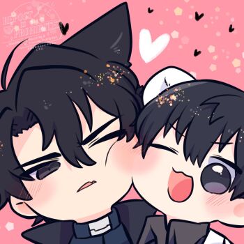 2boys ;d ahoge animal_ears black_coat black_eyes black_hair black_shirt cat_ears cheek-to-cheek chibi chibi_only coat collared_shirt commentary curtained_hair hair_between_eyes heads_together heart highres kemonomimi_mode kim_dokja kimidori_22 looking_at_another male_focus mouse_ears multiple_boys omniscient_reader&#039;s_viewpoint one_eye_closed open_clothes open_coat open_mouth popped_collar shirt short_hair smile sparkling_eyes symbol-only_commentary upper_body white_coat yoo_joonghyuk