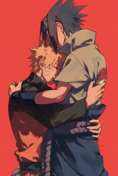 2boys absurdres black_hair black_sleeves blonde_hair closed_eyes facial_mark haruiro_(hrm_ino) highres hug jacket male_focus multicolored_jacket multiple_boys naruto_(series) naruto_shippuuden open_mouth orange_jacket popped_collar red_background rope_belt shirt short_hair short_sleeves smile spiked_hair two-tone_jacket uchiha_sasuke upper_body uzumaki_naruto whisker_markings white_shirt yaoi