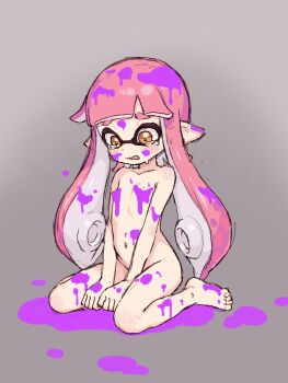 1girl barefoot blush brown_eyes brown_hair covered_erect_nipples feet female_focus flat_chest grey_background highres ink inkling inkling_girl inkling_player_character loli long_hair looking_down nattocurryumeee nintendo open_mouth paint pink_hair pointy_ears sitting solo splatoon_(series) tearing_up tentacle_hair twintails very_long_hair wariza