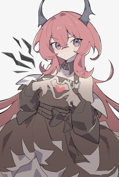 Rule 34 | 1girl, arknights, bare shoulders, black horns, blush, brown dress, closed mouth, commentary request, cowboy shot, crossed bangs, double-parted bangs, dress, four-finger heart hands, hair between eyes, hair intakes, heart, heart hands, heart in heart hands, highres, honoca6190, horns, long hair, long sleeves, looking at viewer, red eyes, red hair, simple background, solo, surtr (arknights), white background