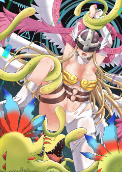 1girl absurdres angel angewomon arms_up blonde_hair bodysuit boobplate breastplate breasts cleavage clothing_cutout covered_eyes defeat digimon digimon_(creature) helmet helmet_over_eyes highres large_breasts long_hair o-ring paid_reward_available restrained saionji_poruporu solo_focus standing standing_on_one_leg stomach_cutout strapless_bodysuit tentacles vegimon white_bodysuit white_wings wings