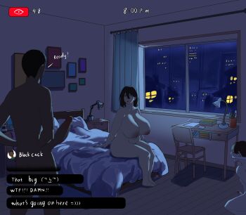 1girl 2boys absurdres bad_tag bed bedroom breasts censored completely_nude dark-skinned_male dark_skin english_text erection gag gagged helmet highres huge_breasts huge_penis interracial livestream medium_penis mosaic_censoring multiple_boys netorare night nude on_bed original penis restrained talking