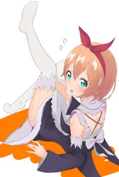 10s 1girl 2016 :o aqua_eyes blush bow cac embarrassed female_focus hair_bow hair_ornament highres loli looking_at_viewer looking_back maid open_mouth orange_hair petra_leyte re:zero_kara_hajimeru_isekai_seikatsu roswaal_mansion_maid_uniform short_hair shoulder_blades solo thighhighs thighs white_background