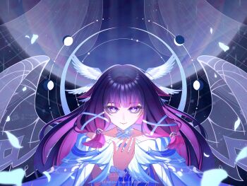 1girl absurdres aimeiyou00 bare_shoulders black_hair bow bowtie clip_studio_paint_(medium) closed_mouth columbina_(genshin_impact) commentary english_commentary genshin_impact hair_ornament hand_up highres long_hair long_sidelocks looking_at_viewer making-of_available moon multicolored_hair purple_eyes purple_hair sidelocks signature solo unusually_open_eyes upper_body very_long_hair white_bow white_bowtie wing_hair_ornament wings wrist_bow