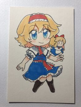 Rule 34 | 1girl, alice margatroid, bad id, bad twitter id, blonde hair, blue dress, blue eyes, boots, brown boots, capelet, chibi, chibi only, closed mouth, commentary, doll, dress, frilled hairband, frilled sash, frills, full body, hairband, highres, jewelry, knee boots, lace-up boots, lolita hairband, looking at viewer, maa (forsythia1729), medium hair, photo (medium), puffy short sleeves, puffy sleeves, puppet rings, red hairband, ring, sash, shanghai doll, short sleeves, smile, solo, touhou, traditional media, white capelet