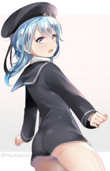 1girl :d aqua_eyes aqua_hair arched_back ass back bad_id bad_pixiv_id black_hat black_sailor_collar blush character_request commentary_request cowboy_shot dutch_angle fang female_focus from_behind hair_between_eyes hat juurouta kantai_collection long_hair long_sleeves looking_at_viewer looking_back open_mouth outstretched_arms sailor_collar smile solo thighs twisted_neck twitter_username