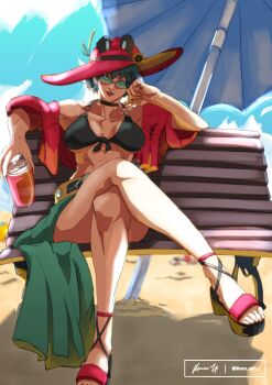 1girl absurdres alternate_costume beach beach_umbrella bikini black_bikini black_shoes blue_hat blue_sky breasts can commentary crossed_legs day drink drink_can english_commentary front-tie_bikini_top front-tie_top green-tinted_eyewear guilty_gear guilty_gear_strive hat head_rest highres holding holding_can holding_drink i-no jacket jacket_partially_removed large_breasts looking_at_viewer mauro_unit_1 mole mole_above_mouth muscular muscular_female on_bench outdoors parted_lips platform_shoes red_hat red_jacket red_lips shoes signature sitting sky soda_can solo sunflower_hat_ornament sunglasses swimsuit tinted_eyewear twitter_username umbrella