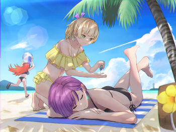 3girls arms_up asami_makiko_(heaven_burns_red) ass ball bare_legs bare_shoulders barefoot beach beach_mat beach_towel beachball bikini black_bikini blonde_hair blue_sky breasts cleavage closed_eyes closed_mouth cloud collarbone cooler day earrings feet flower frilled_bikini frills green_eyes hair_ribbon heaven_burns_red highres holding holding_ball holding_beachball jewelry kneeling lighthouse long_hair lotion lotion_bottle lying medium_breasts multiple_girls nanase_nanami_(heaven_burns_red) navel null1000_4869 ocean off-shoulder_bikini off_shoulder on_stomach orange_hair outdoors palm_leaf palm_tree ponytail purple_hair red_hair ribbon sand sandals shell short_hair side-tie_bikini_bottom sky sleeping smile soles summer sunscreen swimsuit tezuka_saki the_pose toes towel tree yellow_bikini yellow_flower
