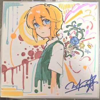 1boy antenna_hair basil_(faraway)_(omori) basil_(omori) blonde_hair blue_eyes chinese_commentary closed_mouth collared_shirt commentary_request double-parted_bangs expressionless green_sweater_vest hair_between_eyes highres looking_at_viewer male_focus omori psychokokuon shirt short_hair short_sleeves sidelocks signature solo sweater_vest traditional_media upper_body white_shirt