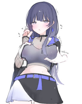 1girl :o black_choker blue_hair blunt_bangs blunt_ends blunt_sidelocks blush choker commentary_request crop_top earrings fingerless_gloves fishnet_gloves fishnets gakuen_idolmaster gloves grabbing_another's_breast gradient_hair grey_eyes groping hair_extensions hand_up hataya_misuzu highres idolmaster jacket jewelry kotatuneko15 lactation long_hair looking_at_viewer midriff miniskirt mole mole_under_mouth motion_lines multicolored_hair open_mouth pale_skin see-through_clothes sidelocks simple_background single_sidelock skirt thighs triangle_earrings white_background