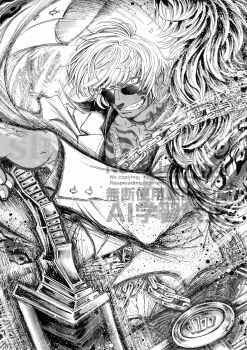 Rule 34 | 1boy, animal print, belt, book, chain, chest tattoo, coat, commentary request, dark-skinned male, dark skin, facial tattoo, formal clothes, fur-trimmed coat, fur trim, greyscale, highres, holding, holding sword, holding weapon, jacket, leopard print, limbus company, looking at viewer, matthias (project moon), monochrome, neck tattoo, partially open shirt, project moon, scar, scar on chest, short hair, smile, smirk, solo, suit, sunglasses, sword, tattoo, veins, veiny hands, vtvsqazjjguhfrd, watermark, weapon, white background, white hair, white jacket, white suit