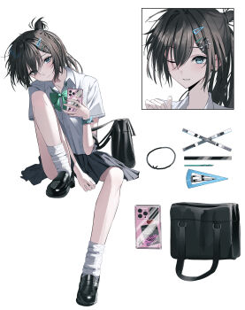 1girl absurdres bag black_hair black_skirt blue_eyes bow bowtie cellphone closed_mouth collared_shirt commentary_request hair_between_eyes highres holding holding_phone long_hair one_eye_closed original phone rin0_(gujrv) school_uniform shirt skirt smartphone smile white_shirt wing_collar