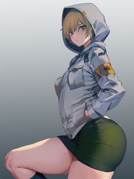 1girl blonde_hair commentary dead_by_daylight english_commentary heather_mason highres hood hoodie jacket looking_at_viewer miniskirt pencil_skirt short_hair silent_hill_(series) silent_hill_3 simple_background skirt solo suzusiron thighs