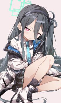 1girl black_hair black_skirt black_socks blue_archive blue_necktie collared_shirt commentary_request green_halo halo highres jacket kei_(blue_archive) long_hair looking_at_viewer miniskirt necktie one_side_up open_mouth paid_reward_available pleated_skirt rectangular_halo red_eyes sabana shirt shoes sitting skirt socks solo white_jacket white_shirt white_shoes