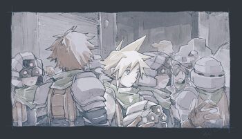 6+boys armor artist_name black_background blonde_hair brown_gloves brown_hair cloud_strife commentary_request covered_eyes final_fantasy final_fantasy_vii gloves green_scarf helmet helmet_over_eyes holding holding_unworn_helmet male_focus michibata_65 military military_uniform multiple_boys open_mouth parted_bangs parted_lips pauldrons ponytail scarf shinra_infantry_uniform short_hair shoulder_armor spiked_hair suspenders unworn_headwear unworn_helmet upper_body