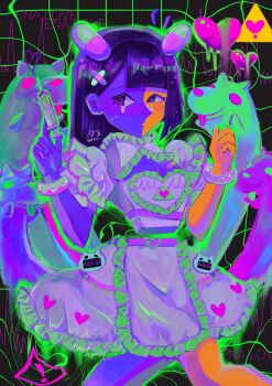 1girl alternate_costume black_eyes black_hair blue_skin blunt_bangs blunt_ends blush colored_skin commentary dog dress ena_(ena) ena_(series) ena_(species) ena_(web_series) floating_head highres holding holding_syringe hourglass_dog multicolored_skin pill_hair_ornament sad_ena short_sleeves skirt split-color_skin symbol-only_commentary syringe tears two-tone_skin usagimarumei yami_kawaii yellow_skin