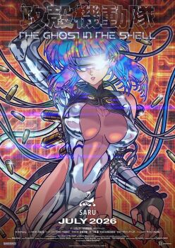 Rule 34 | 1girl, bodysuit, breasts, breasts out, cyberpunk, ghost in the shell, huge breasts, kusanagi motoko, multicolored hair, official art, promotional art, short hair