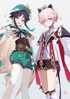 2boys :d ahoge androgynous aqua_eyes aqua_hair argyle_clothes argyle_pantyhose bard beret black_capelet black_hair blue_eyes blue_hair bow bowtie braid braided_pigtails braided_sidelocks brown_corset cape capelet collared_cape corset dahlia_(genshin_impact) frilled_capelet frilled_sleeves frills gradient_hair green_beret green_cape green_eyes green_hat green_shorts hat highres long_sleeves looking_at_viewer medium_hair multicolored_hair multiple_boys open_mouth pantyhose pink_hair purple_eyes short_hair shorts smile trap venti_(genshin_impact) white_hat yui_4293