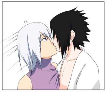 !? black_hair grabbing_another&#039;s_shirt highres hoozuki_suigetsu kiss motion_lines naruto_(series) naruto_shippuuden part_of_a_set purple_eyes purple_shirt shirt spiked_hair surprise_kiss surprised uchiha_sasuke white_background white_hair yaoi yoshiya0909