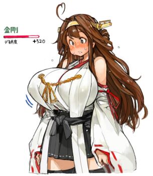 1girl ahoge attribute_slider bare_shoulders blush breast_slider breasts brown_hair embarrassed female_focus grey_eyes hairband huge_breasts japanese_clothes kancolle_arcade kantai_collection kongou_(kancolle) long_hair nontraditional_miko sachito skirt solo standing