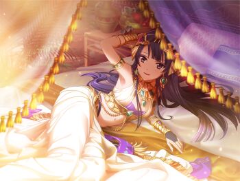 1girl ancient_egyptian_clothes bed black_bridal_gauntlets bracer breasts bridal_gauntlets canopy_bed cleavage cleopatra_(real_life) cleopatra_(real_life)_(cosplay) cosplay earrings eyeliner game_cg hair_flowing_over headpiece jar jewelry looking_at_viewer lying makeup medium_breasts navel official_art on_bed on_side parted_lips pillow purple_eyeliner purple_eyes purple_hair shoujo_kageki_revue_starlight shoujo_kageki_revue_starlight_-re_live- skirt solo table tomoe_tamao usekh_collar white_skirt