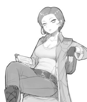 1girl artist_request bad_link belt black_gloves bob_cut breasts cleavage coat crossed_legs elbow_rest epaulettes fingerless_gloves gloves hatching_(texture) head_tilt high_collar highres jet_(shadow_slave) looking_at_viewer parted_lips shadow_slave short_hair solo