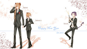 Rule 34 | 2012, 3boys, baphomet (ragnarok online), baphomet jr, black jacket, black pants, black shoes, blazer, brown hair, brown horns, champagne bottle, commentary request, cork, cork popping, demon boy, demon horns, demon tail, deviruchi, full body, happy new year, highres, holding hands, horns, izumi0016, jacket, long hair, looking at another, male focus, multiple boys, new year, pants, personification, pointy ears, purple hair, purple horns, ragnarok online, shadow, shirt, shoes, short hair, standing, tail, white background, white shirt