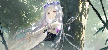 Rule 34 | 1girl, bare shoulders, commentary request, cowboy shot, crystal wings, fagi (kakikaki), flat chest, grey hair, highres, hololive, hololive english, koseki bijou, koseki bijou (1st costume), long hair, looking at viewer, purple eyes, solo, tree, virtual youtuber, wings