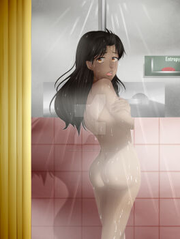 1girl armpits artist_name ass back bangs_pinned_back bathroom black_hair brown_eyes collarbone completely_nude covering_chest covering_privates crossed_arms dark-skinned_female dark_skin dimples_of_venus eyelashes female_focus fingernails freckles from_behind highres indoors jojo_no_kimyou_na_bouken legs legs_together lips loli long_hair looking_at_viewer looking_back neck nude open_mouth parted_bangs redrawn runaway_girl_(jojo) scared scene_reference shadow shoulder_blades shower_(place) showering standing stardust_crusaders thighs turning_head voyeur_pov water water_drop wet wet_hair